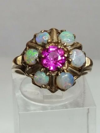 Antique Victorian 10K Yellow Gold Ruby & Opals Ring Stamped Priscilla 3