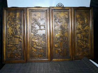 Chinese Qing Dynasty Old Antique Yellow Wood Hand Carve Wood Four Screen Evo