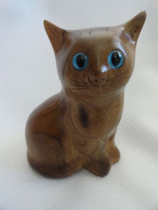 Vintage Carved Myrtlewood Cat Kitten Figurine With Blue Eyes 5 " Signed Label