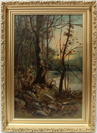 Antique Oil Painting On Board,  Landscape,  Gild Frame