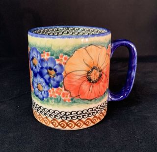 Vintage Polish Boleslawiec Pottery Mug Hand Painted Poppy Flowers Unikat E - Erdt