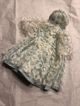 Vintage Barbie Clone Doll Blue Lace Layers Strapless Gown Silver Trim