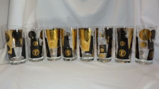 Set Of 8 Gold And Black Dollar Coin High Ball Tumblers 12 Oz Mid Century Vintage