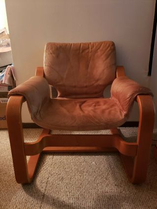 Vintage Mid Century Leather Swing Chair - Curved Wood Lounge Chair Bent Wood