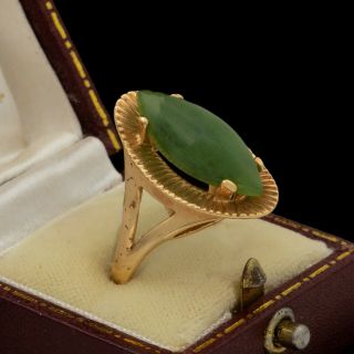 Antique Vintage Art Deco 14k Gold Chinese Carved Nephrite Jade Band Ring Sz 8.  75