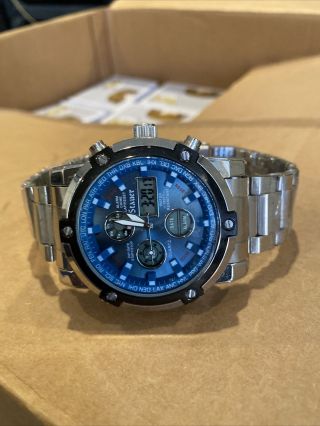 Stauer Mens Blue Stone Chronograph Wrist Watch Digital Analog Hybrid 33207