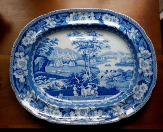 Large 19 1/2 Antique Blue And White Transfer Ware Platter 1830 - 50