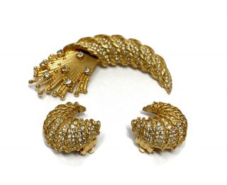 Vintage Bellini Signed Brooch & Clip Earrings Gold Tone Clear Rhinestone