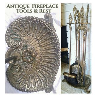 Antique Ornate Cast Brass Fireplace Tool Set: Stand,  Shovel,  Brush,  Tongs,  Poker