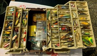 Vtg Large Plano Fishing Tackle Box With 100 Plus Vintage Lures