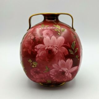 Antique Royal Doulton Burslem England Porcelain Red Gold Hand Paint Floral Vase