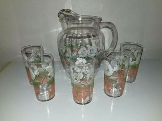 Vintage Fire King Anchor Hocking Clear Glass Water Pitcher & 5 Glasses Blossoms