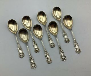 Antique Empire By Durgin Set Of 8 Spoons Sterling Silver With Gold Wash 4 5/16”