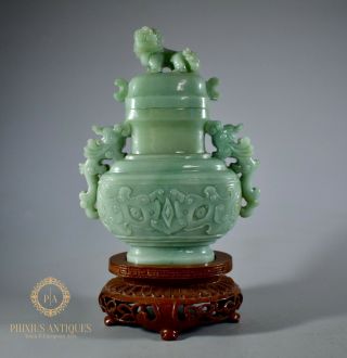 Boxed Mid Century Chinese Carved Green Jade Vase & Cover