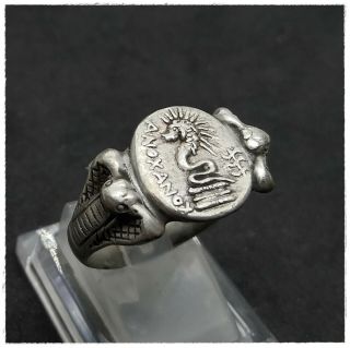Demiurge " Lion - Headed Serpent " Ancient Silver Greek Ring 8,  77g