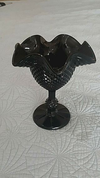 Vintage Black Pressed Glass Compote Candy Dish Ruffled Edge Thumbprint