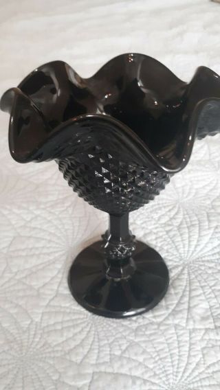 Vintage Black Pressed Glass Compote Candy Dish Ruffled Edge Thumbprint 3
