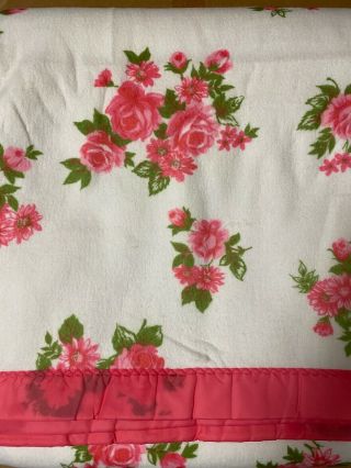 Vintage Acrylic Blanket White With Flowers Satin Trim Nos 90 " X 70 " Pink