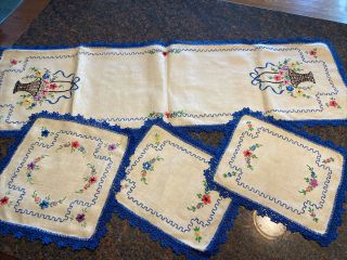 Vintage Linen Hand Embroidered Table Runner Dresser Scarf Set Plus 4 Others