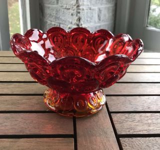 Vintage L E Smith Red Amberina Glass Moon &stars Dish Bowl Scalloped Edge Footed