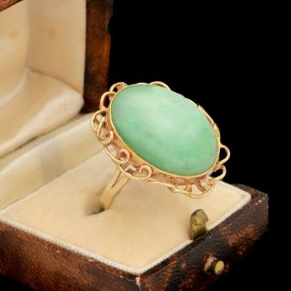Antique Vintage Art Deco 14k Gold Chinese Carved Jadeite Jade Diamond Ring Sz 6