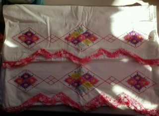 Vintage Pair White Pillowcases Cotton Hand Embroidered Pink Multi Flowers Croche