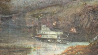 Antique American 19th C.  Folk Art Oil Painting River Paddle Steamer Boat Union 3