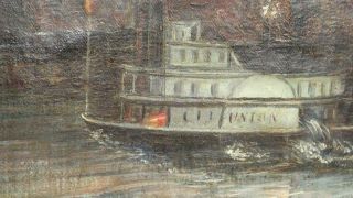 Antique American 19th C.  Folk Art Oil Painting River Paddle Steamer Boat Union 6