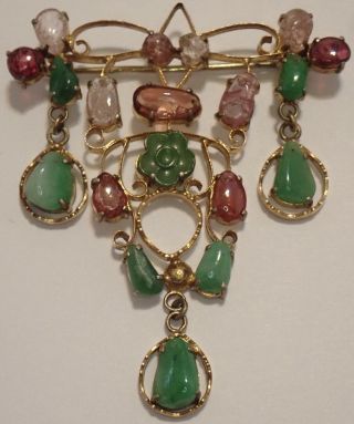 Unusual Antique Chinese Gold On Silver Green Jade Pink Tourmaline Brooch