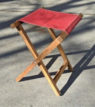 Vintage Red Rustic Folding Stool Fishing Camp Chair - Canvas And Wood