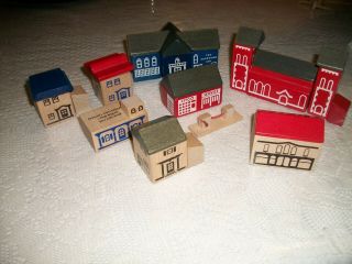 Vintage T.  C.  Timber / Brio Wooden Town And Train Set Of 8 Buildings