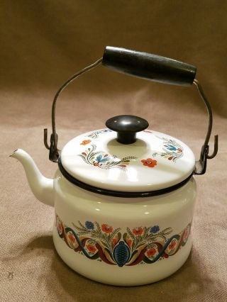 Berggren Vintage Swedish Enamel Teapot Tea Pot Folk Art Wooden Handle