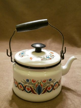 Berggren Vintage Swedish Enamel Teapot Tea Pot Folk Art Wooden Handle 3