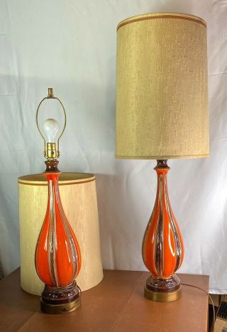 Vintage Mid Century Modern Orange Ceramic Drip Lava Glaze Table Lamps