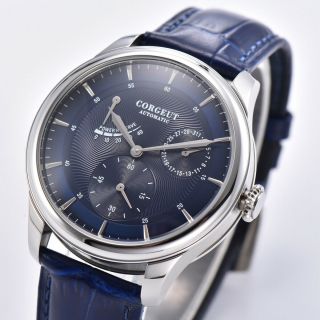 Corgeut 40mm Blue Dial Date Power Reserve Ss St1780 Automatic Watch Mens Watch