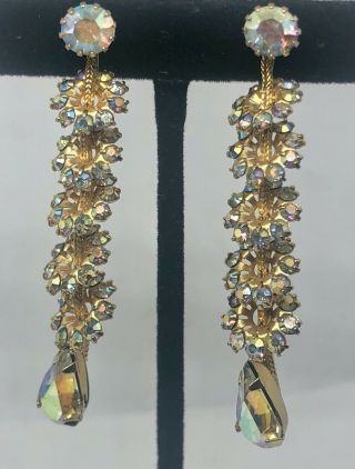 Vintage 1960s Gold Tone Layered Aurora Borealis Flowers Dangle Earrings