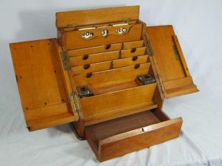Fine Antique Oak Stationary Writing Box Cabinet With Calendar Lock Key & Drawer