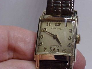 Vintage Mans Hamilton Wristwatch Rectangular 14k Gf Case 982 19j Mw Movemen