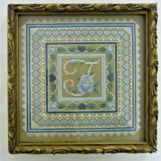 Vintage Floral Old Needlepoint Needle Work With Gilded Frame