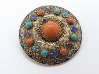 Antique Silver Gold Vermeil Chinese Export Brooch Pendant Coral Turquoise Enamel