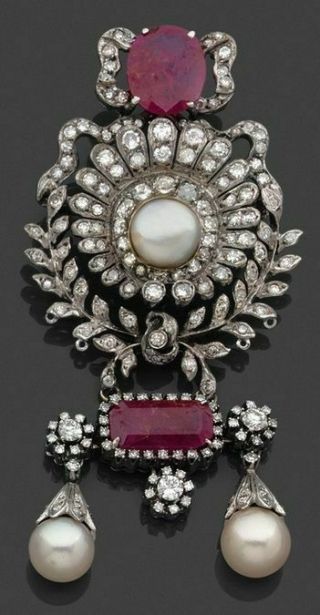 Art Deco 10k White Gold Over,  Ruby,  Pearl And Diamond Antique Brooch Pin 6.  20ct