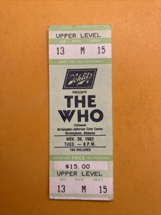 Vintage Concert Ticket Stub - The Who @ Birmingham Al Nov 30,  1982