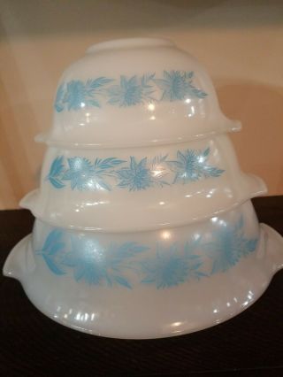 Set Of 3 Vintage Glasbake Milk Glass Blue Thistle Flower Bowl Set Collectable