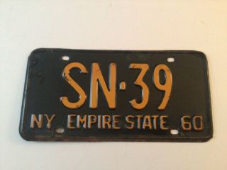 Very Good Vintage 1960 York State License Plate - Low Number (sn - 39)