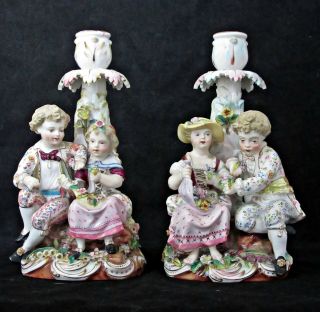 Pair Antique Old Dresden Porcelain Figural Candlesticks,  Bevington,  C1870