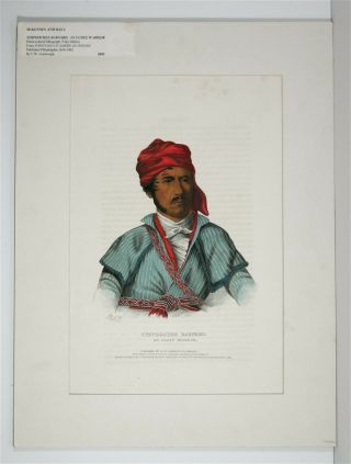 1838 Mckenney & Hall Large Folio Native American Indian Lithograph 1