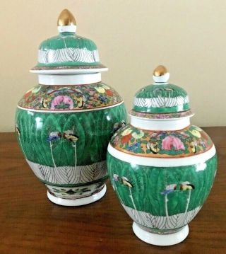 Vintage Chinese Porcelain Urn Cabbage Leaf Famille Rose Vase - Set Of 2
