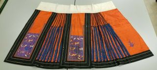 Antique Chinese Pair Skirts Silk Forbidden Stitch Knot Thread Orange Blue Stamp