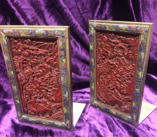Antique Chinese Carved Cinnabar Lacquer Plaques Enameled Brass Bookends 3