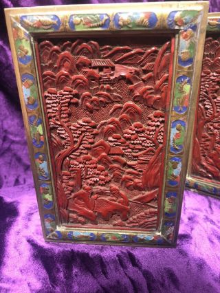 Antique Chinese Carved Cinnabar Lacquer Plaques Enameled Brass Bookends 4